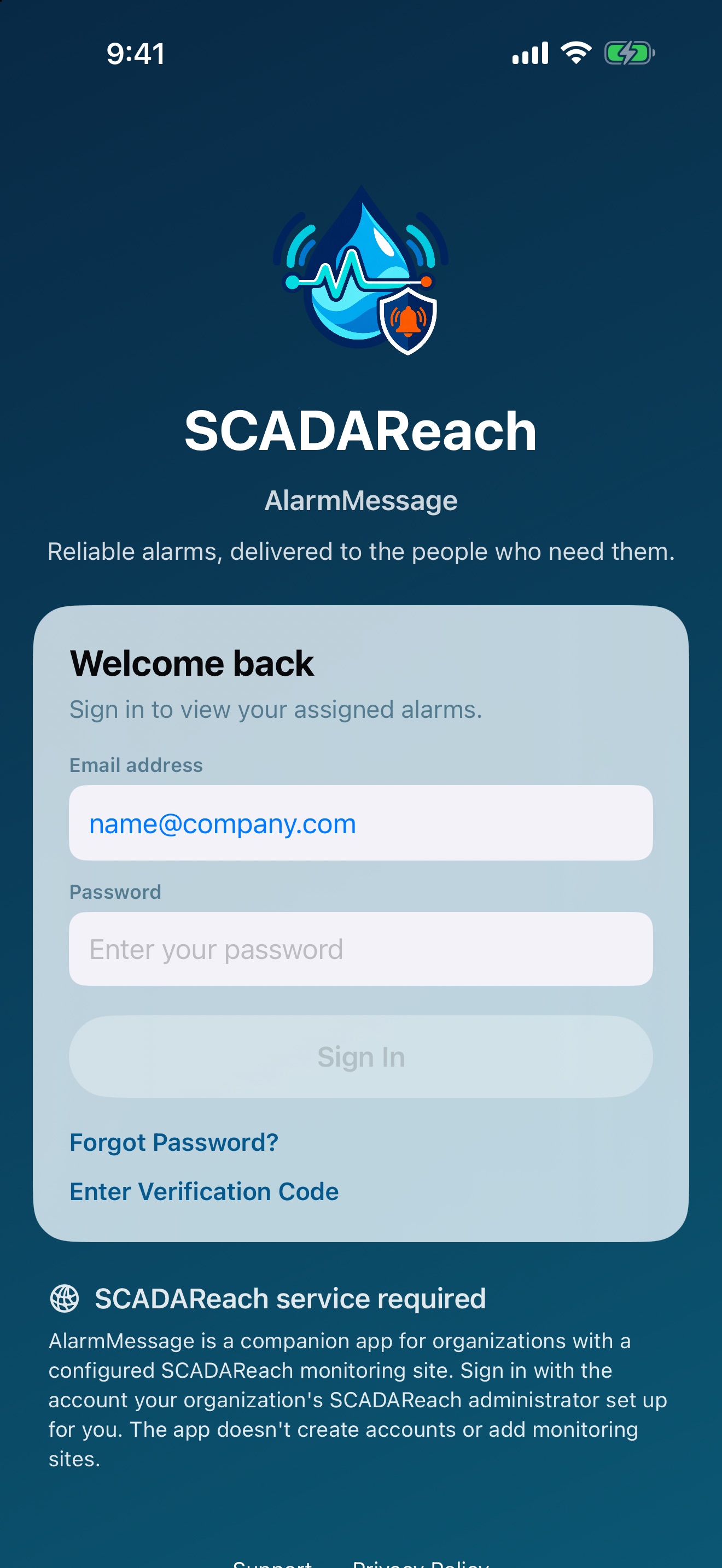 AlarmMessage sign-in screen with email and password fields, Forgot Password, Enter Verification Code, and a note that accounts are set up by your organization’s SCADAReach administrator.